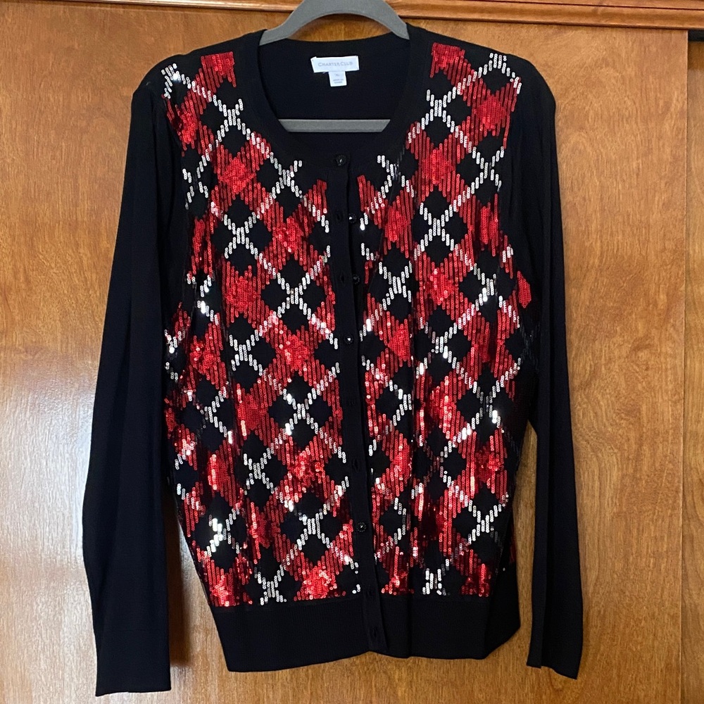 Charter Club Black and Red Sequin Cardigan